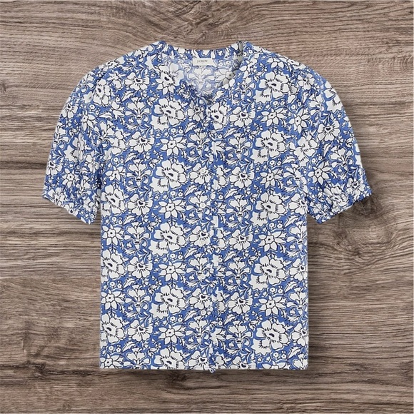 J Crew Linen-cotton blend ruffle top with puff sleeves  White/ Floral Summer XS - Picture 1 of 16